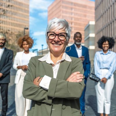 public administration workers outside office building